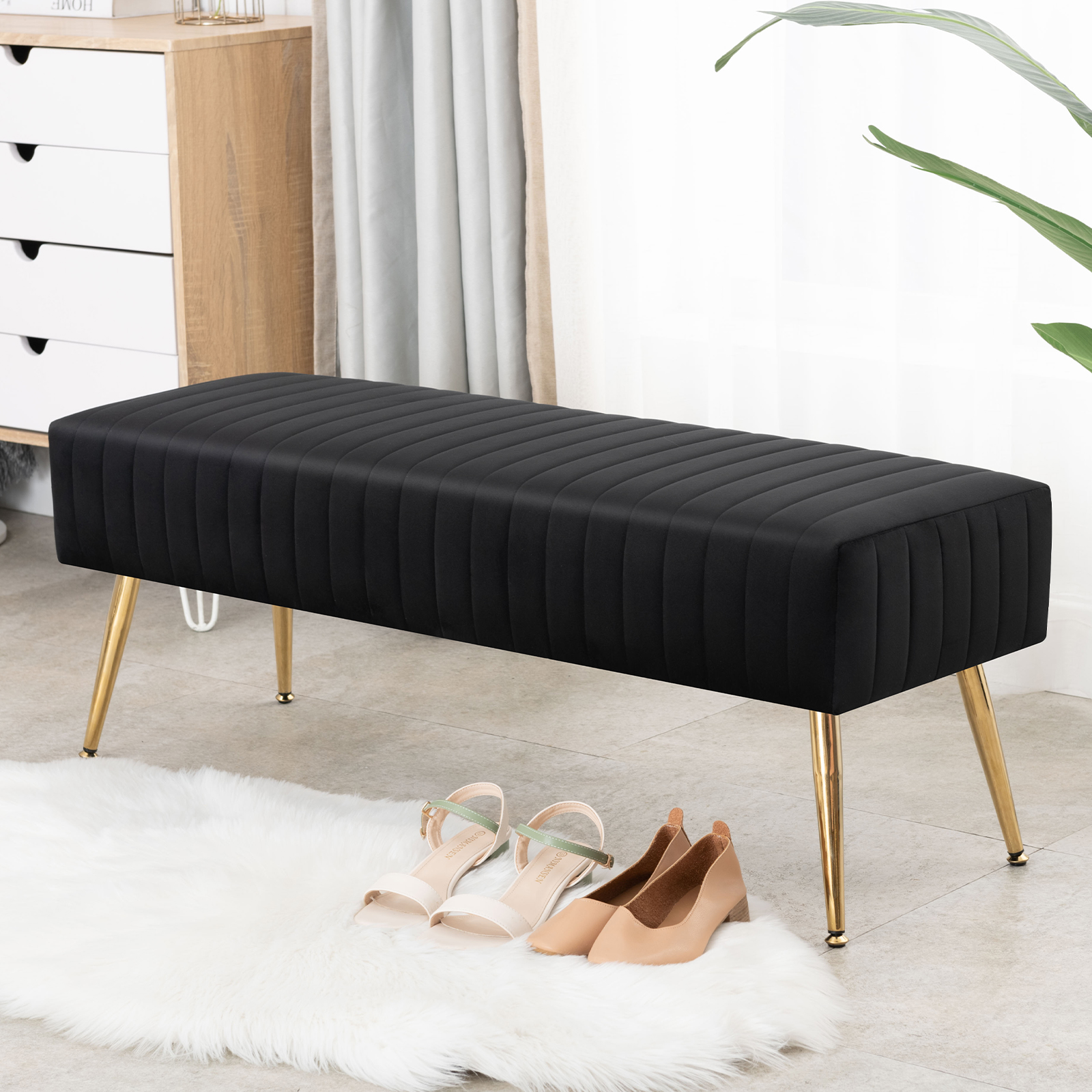 Furniliving Velvet Ottoman Bench, Black photo 1