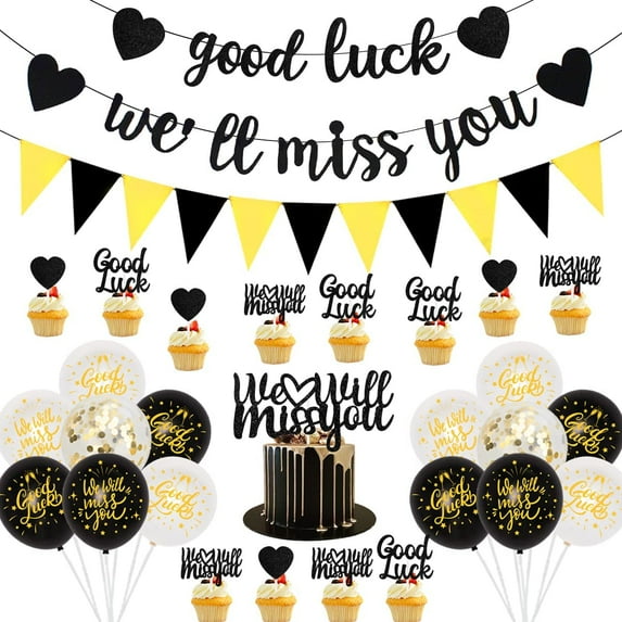We Will Miss You Decorations Black Gold Good Luck Banner Retirement Party Decorations, Triangle Flag Banner Bunting Cake Topper for Job Change Retirement Graduation Farewell Leaving Party Supplies