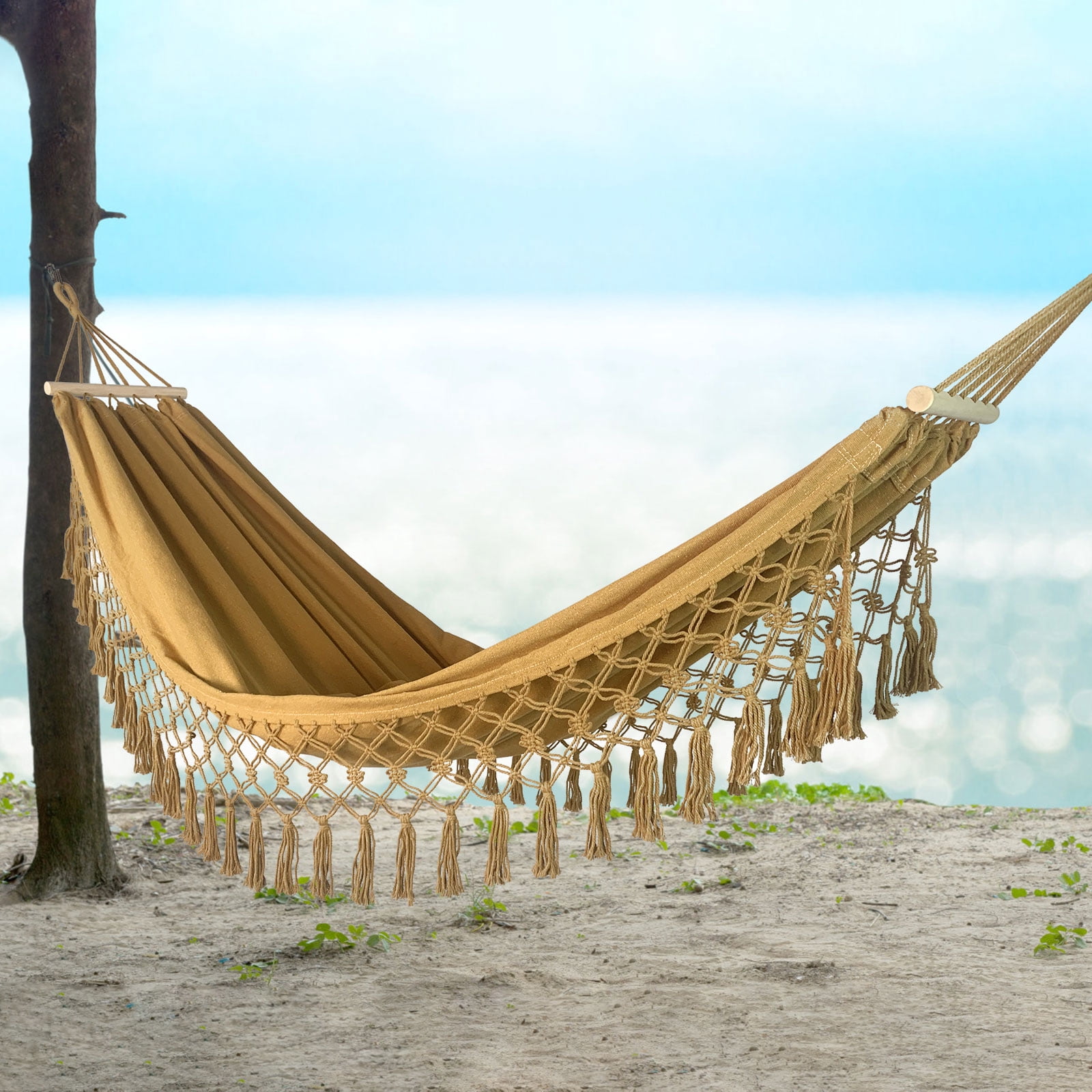 Portable Hammock Boho Tassel Nest Hammock Camping Double Hanging Swing Bed Suitable for Yard, Beach, Backyard, Garden (Camel)