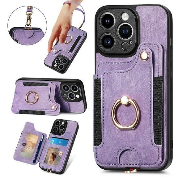Nalacover For iPhone 13 Pro Max Case Ring Holder Kickstand with Credit Card Holder, Back Flip Premium Leather Magnetic Clasp Removable Wirst Hand Strap Cover For iPhone 13 Pro Max, Purple