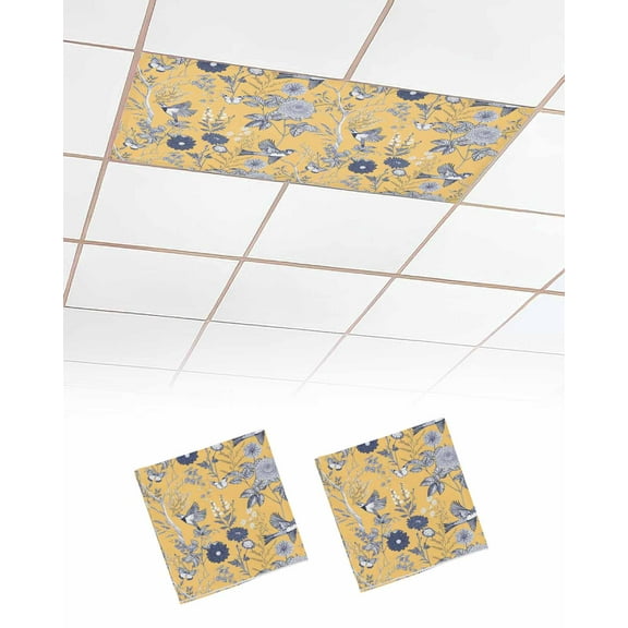 Vintage Flower Fluorescent Light Covers for Ceiling Lights 4x2 feet,2 Pack Magnetic Light Filters for Classroom,Country Bird Garden Butterfly Yellow Fluorescent Light Shade Panel for Office School