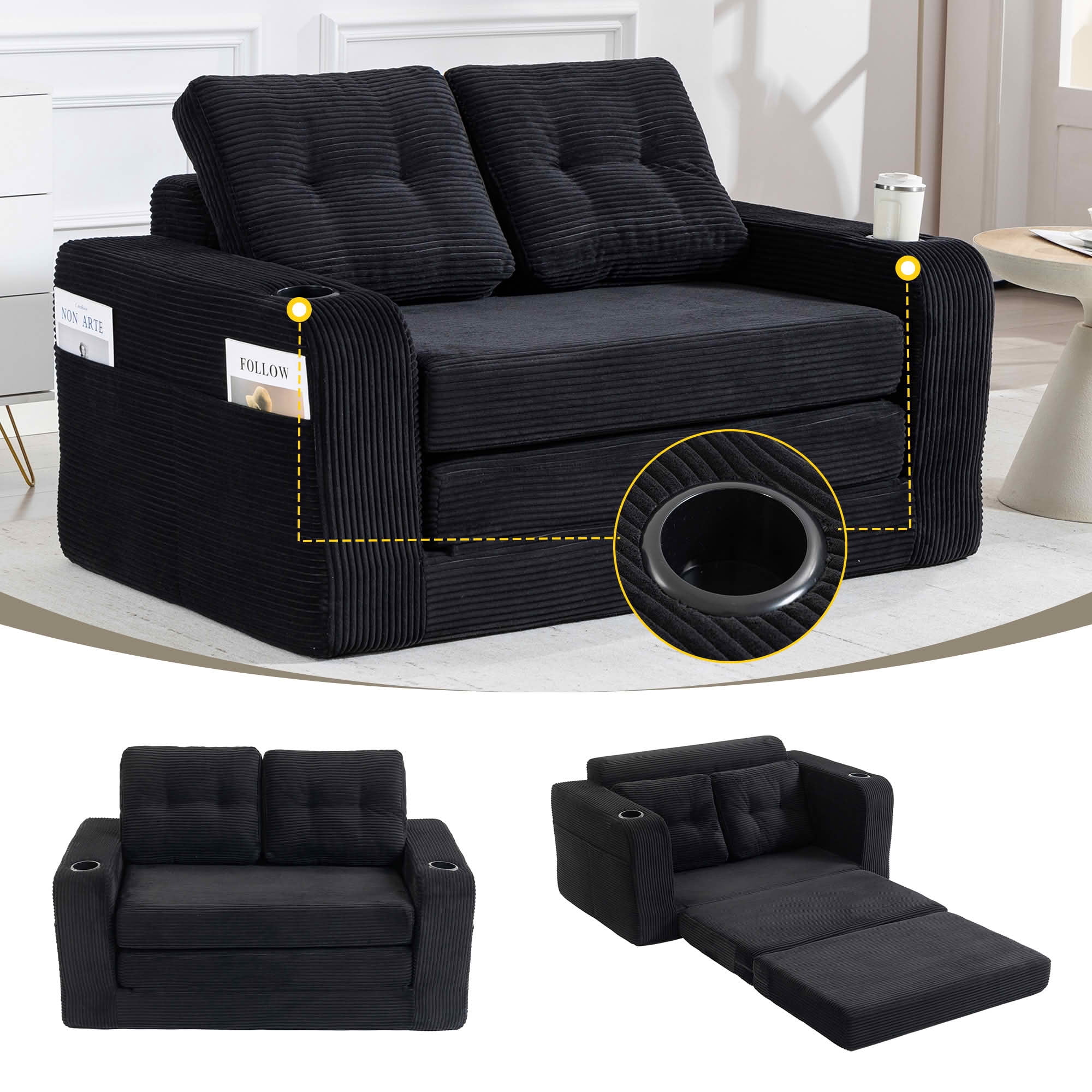 MAYEERTY 2-in-1 Convertible Expandable Sofa Bed, Fold Out Corduroy Floor Couch with Pillows, Side Pockets & Cup Holders for Bedroom Small Living Room