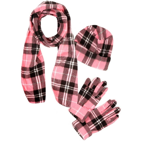 Pink Plaid Fleece 3-Piece Hat Scarf & Glove Matching Set