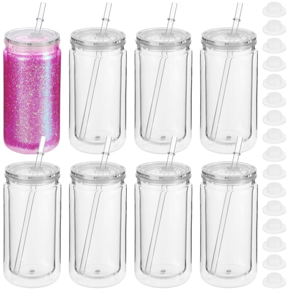 8 Pcs 16 fl oz Plastic Tumblers with Lids and Straws, Double Wall Tumbler with Pre Drilled Hole Bulk Snow Globe Cups, Reusable Mason Cup with Silicone Plugs for Cold Drinks, DIY, Parties