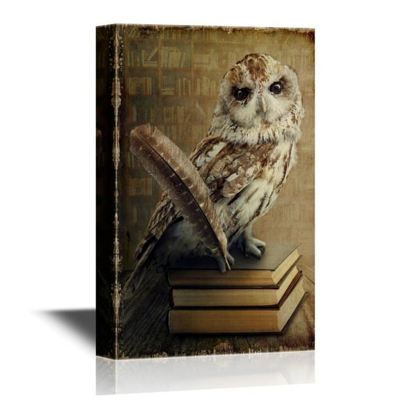 wall26 - Canvas Wall Art - Wise Owl Sitting on Books - Gallery Wrap Modern Home Art | Ready to Hang - 32x48 inches