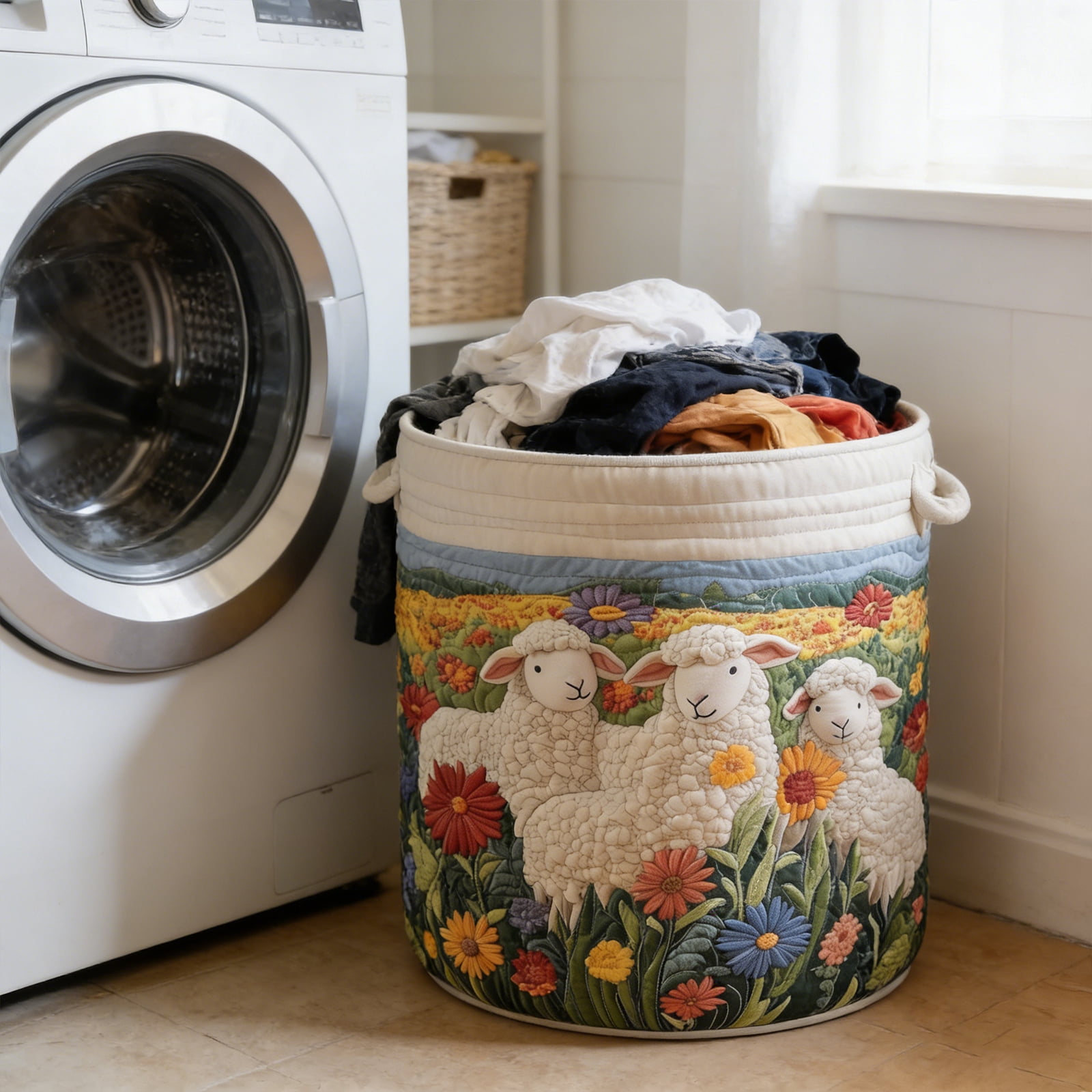 Yucurem Boho Fabric Floral Storage Hamper with Handle, Quilted Laundry Basket for Nursery Bedroom Laundry Room Clothes Toys (Little Lambs)
