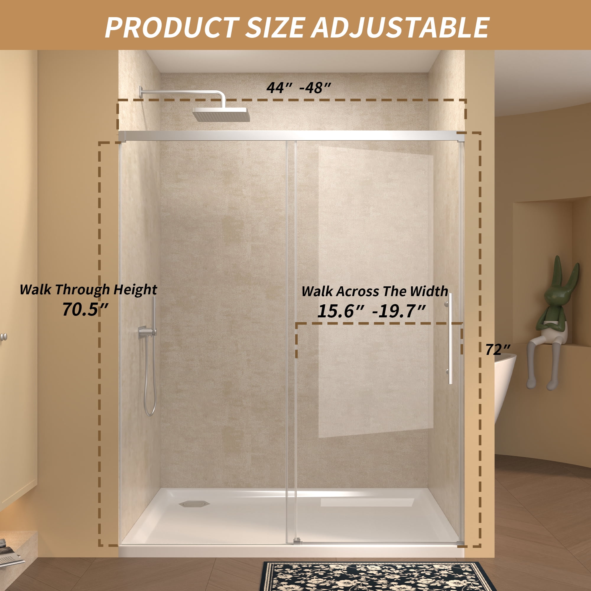 Leumius Single Sliding Shower Door,44"-48" W × 72" H Frameless Glass Shower Door with 1/4" Clear Tempered Glass & Stainless Steel Handle,Chrome