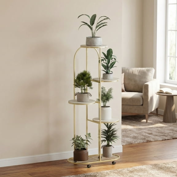 Metal Plant Stand with Wheels - 5 Tier Rolling Flower Display Shelf for Indoor Plants, Living Room, Patio & Balcony