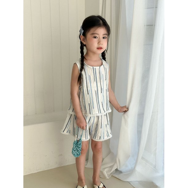 Conjunto de chaleco de verano para niños, traje superior de encaje para niñas, camiseta sin mangas a rayas bordadas y pantalones cortos, traje informal para niños de 2 uds, traje para hermanos