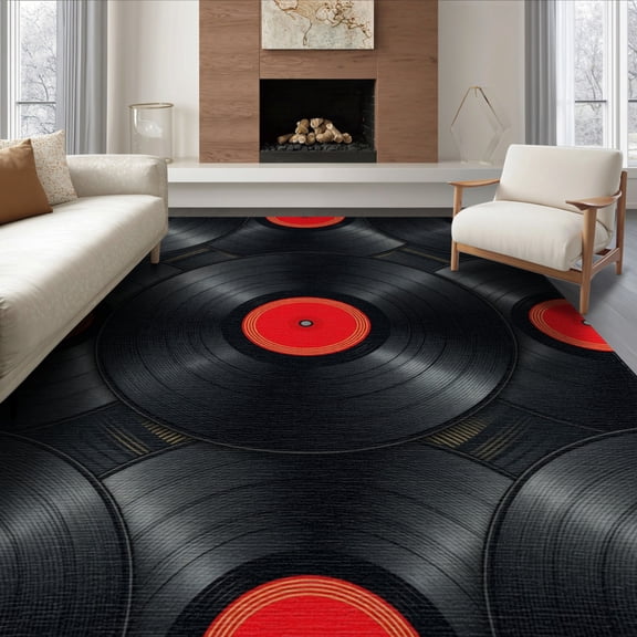 ODIKA 8'x10' Washable Area Rug Non-Slip Chair-Friendly Mat Record Retro Vinyl Phonograph Disc Motif Round Concentric Shaped for Dining Room, Large Office, Lounge