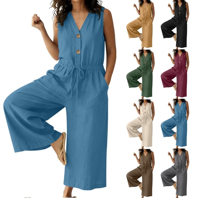 Women's Linen Blend Button Front V-Neck Jumpsuit Mid Rise with Drawstring Tie Sleeveless Relaxed Fit Perfect for Summer Casual Beach Vacation or Lounge Wear JASKFLY Black XL