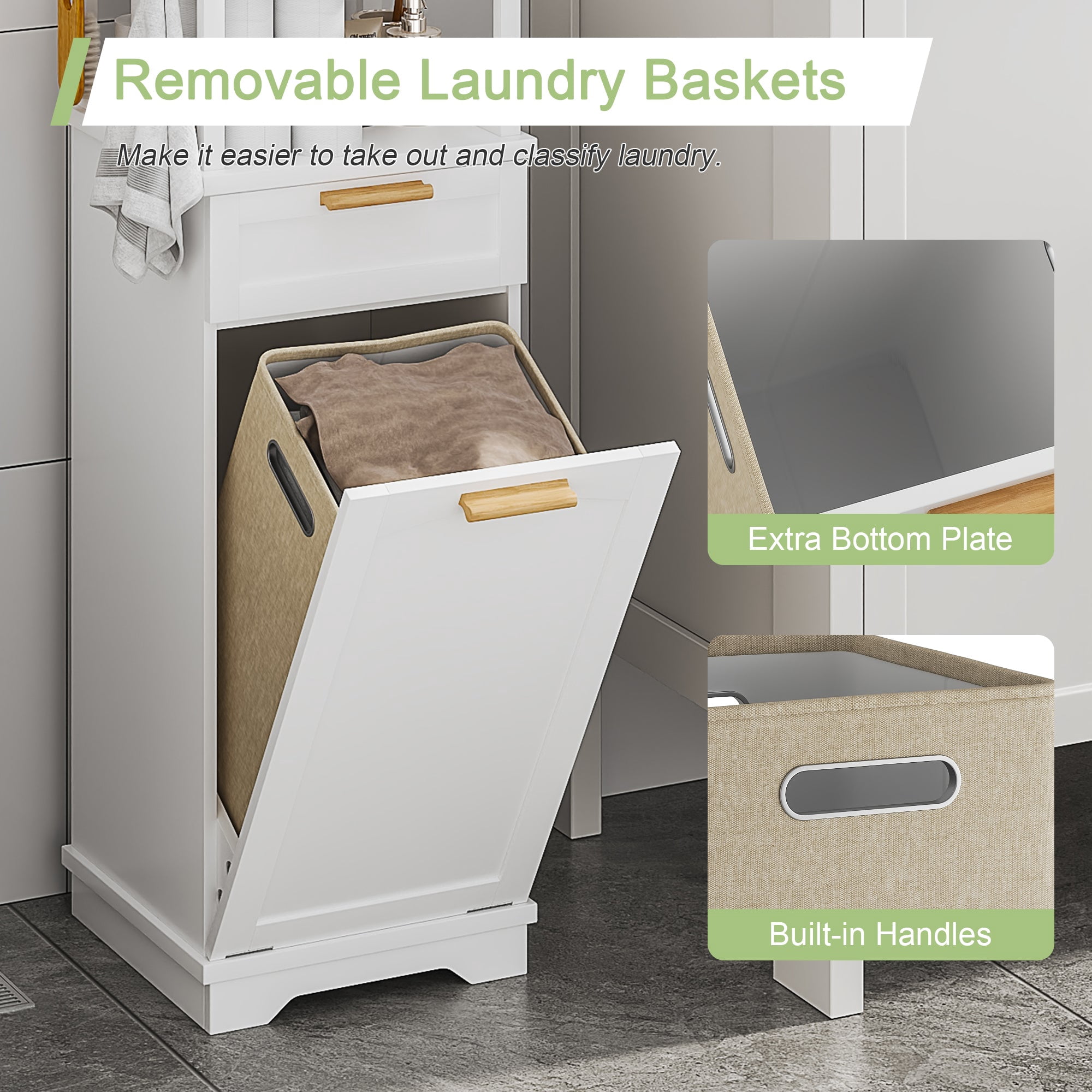 VECELO Tilt Out Laundry Hamper Cabinet, Hidden Drawer and 3 Hooks,2-Tier Storage Shelves with Removable Laundry Basket 53" Tall Bathroom Storage Organizer for Laundry Room, White