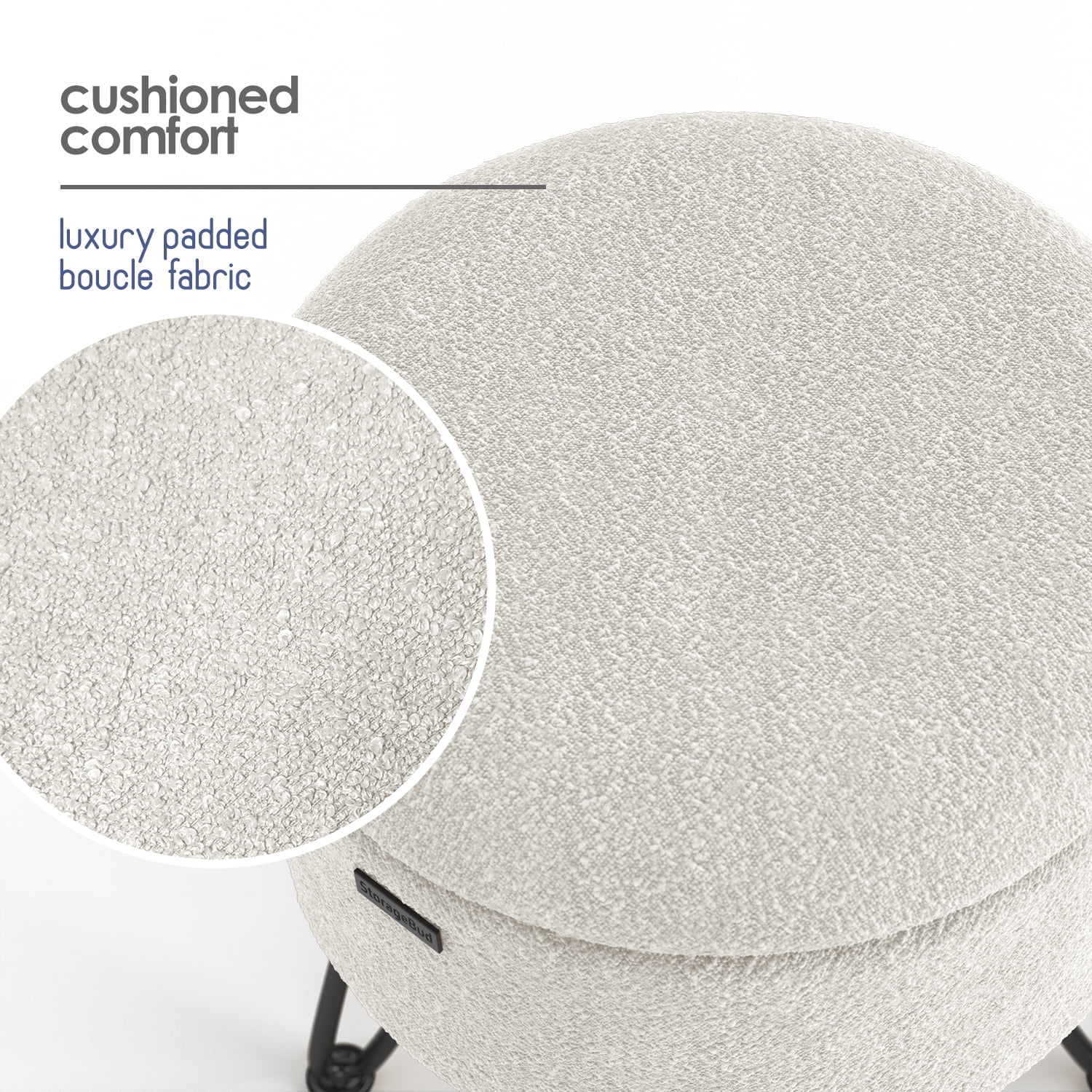 LammaLoe Small Round Ottoman with Storage, Boucle Ottoman Foot Stool with Lid, Upholstered Vanity Stool for Living Room & Bedroom, White