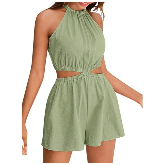 HBFAGFB Womens Jumpsuit Hanging Neck Sleeveless Top Casual and Fashion Wide Leg Shorts Green Size M