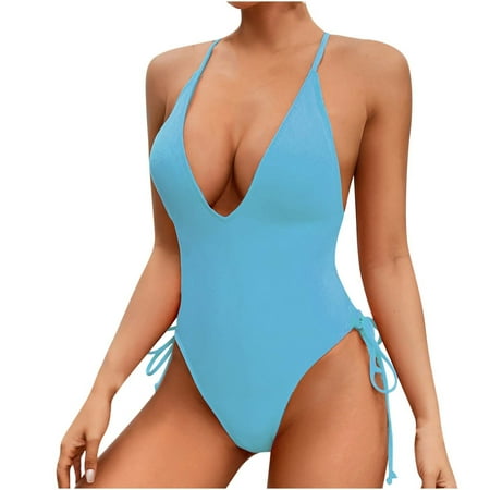 WCMZJ Women Plunging One Piece Swimsuit Backless Cross Tie High Cut Thong One-Piece Bathing Suit Sky Blue XL