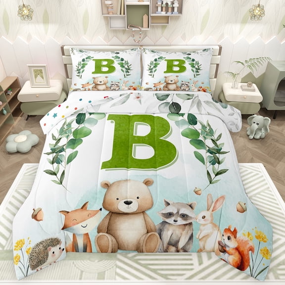 Feelyou Cartoon Monogrammed B Queen Comforter Set for Kids, Jungle Raccoon Bedding Sets, Cute Animal Wildlife Reversible Bedding Comforter Set, Microfiber Bedroom Decor, 3 Pieces