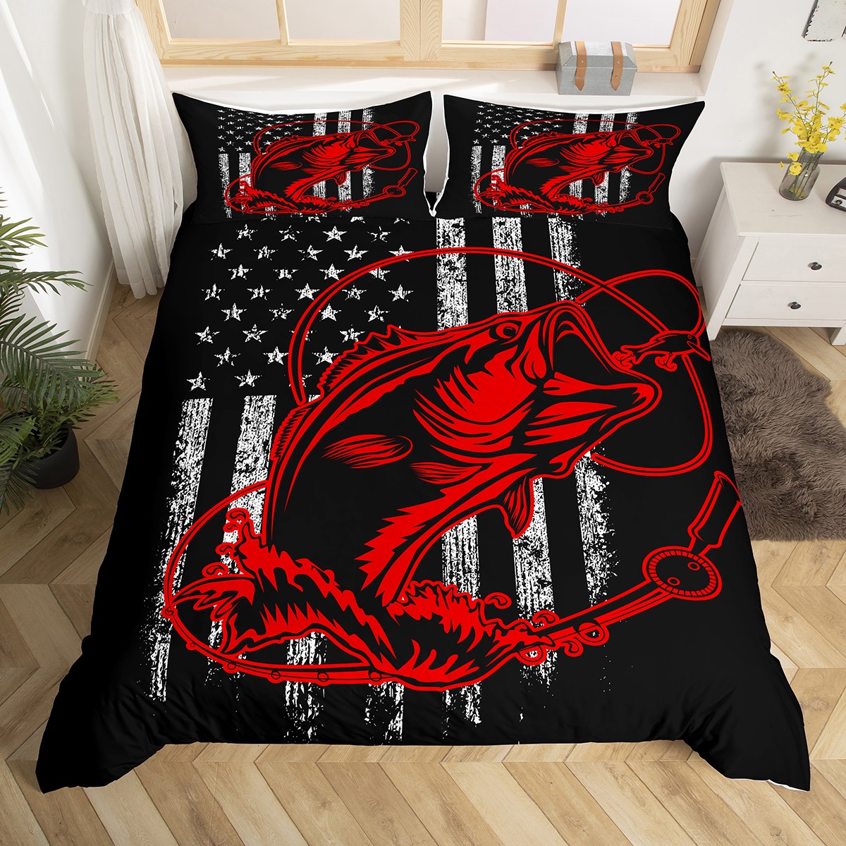 YST Red Bass Fish Bed Sets Retro American Flag Duvet Cover, Hunting Themed Bedding Set Full