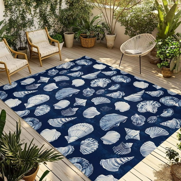 Fsddascl Navy Blue Coastal Outdoor Rug for Patio/Deck/Porch, Non-Slip Large Area Rug 4 x 6 Ft, Shell Conch Summer Beach Nautical Indoor Outdoor Rugs Washable Area Rugs, Reversible Camping Rug Carpet