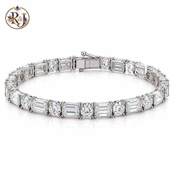 15 CTW Round And Emrald Cut AAA Cubic Zirconia 18K White Gold Plated Silver Womens Tennis Bracelet