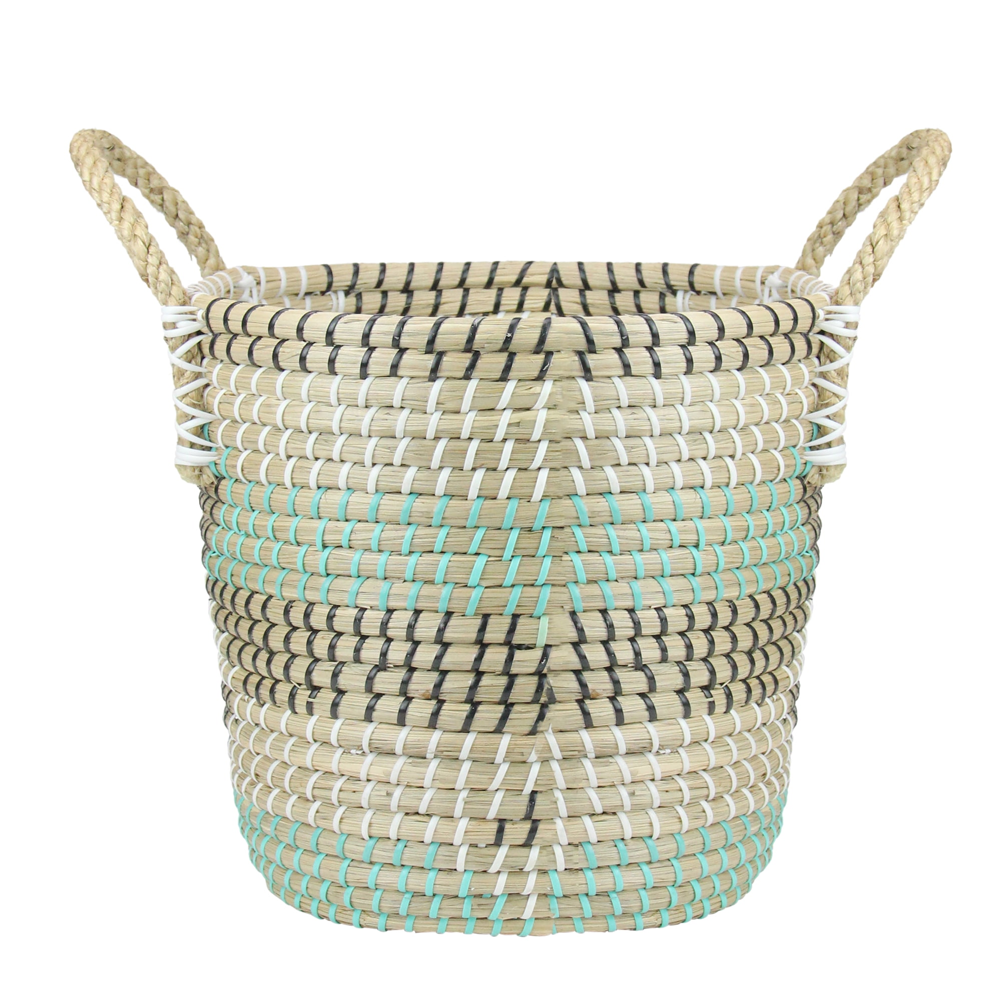 14" Natural Woven Seagrass Basket with Teal, Black and White Accents