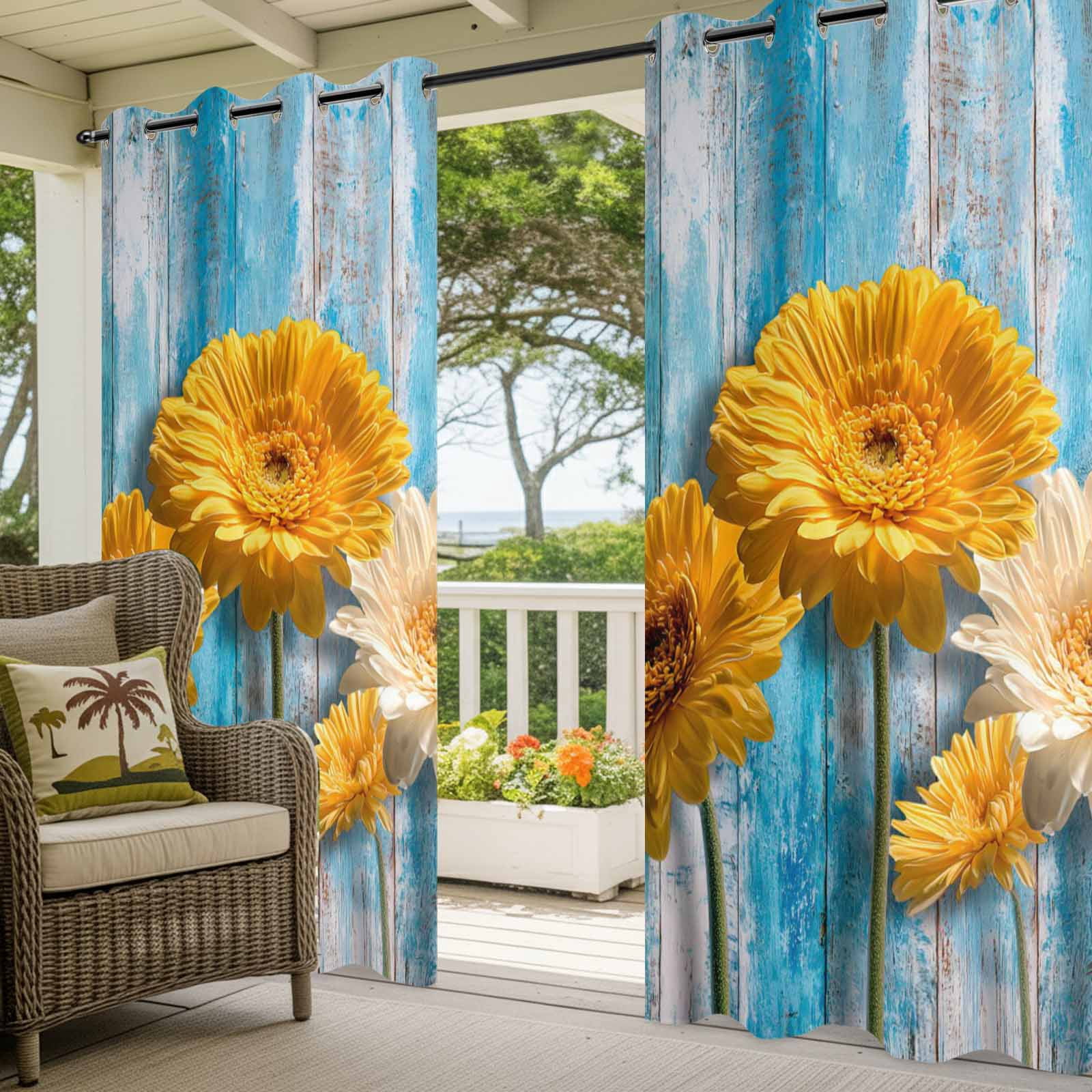 White and Yellow Daisy Outdoor Curtains for Patio, Minimalist Art Floral Blue Wood Grain Sunshade Privacy Drapes Grommet Waterproof Outside Curtains for Porch/Cabana/Balcony 54"x 108", 1 Panel