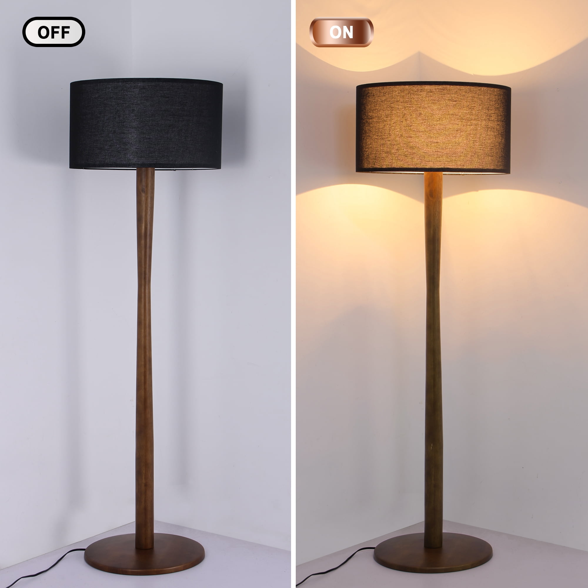 Lxmons 61'' Walnut Wood Floor Lamp, Modern Standing Lamp with Foot Switch for Living Room, Bedroom, Office, Black