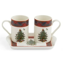 Spode Christmas Tree Tartan 10oz Mug & 8" Tray Set (3-Piece Set) - Festive Porcelain Mugs with Melamine Tray, Dishwasher & Microwave Safe - Holiday Gatherings & Entertaining