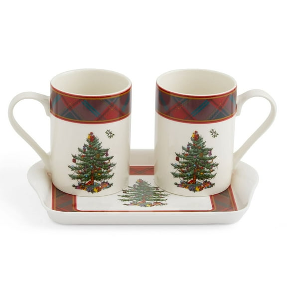 Spode Christmas Tree Tartan 10oz Mug & 8" Tray Set (3-Piece Set) - Festive Porcelain Mugs with Melamine Tray, Dishwasher & Microwave Safe - Holiday Gatherings & Entertaining