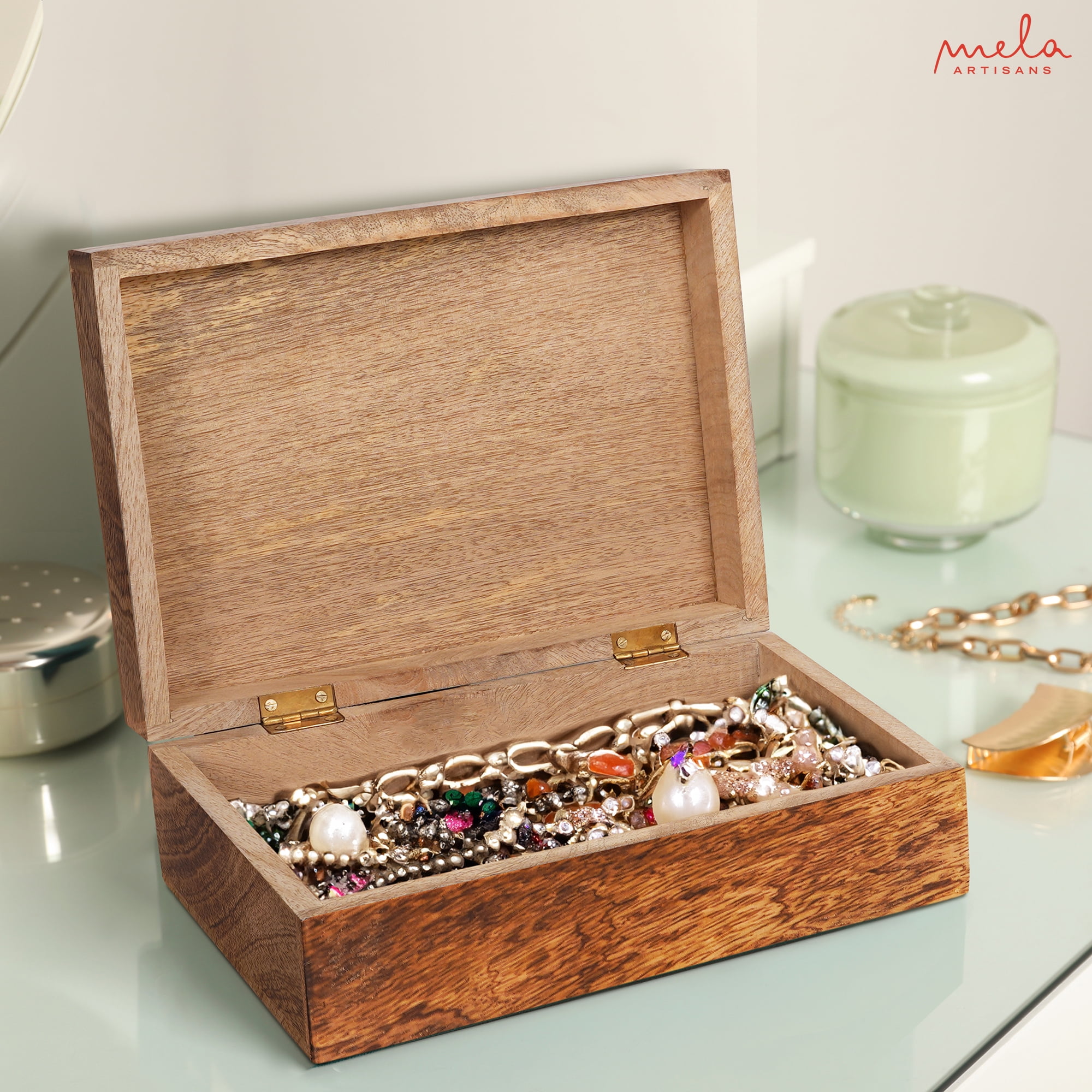 Carved Scallop Mango Wood Box with Lid, Medium Burnt Large Wooden Box, Handmade Decorative Box with Lid for Use As Memory Box, Keepsake Box, Photo Storage Box, and more, 9” x 6” x 3.5”