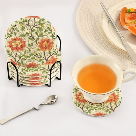 

Seamless Flowers Set of 6 Durable Woven Polyester Coasters with Black Storage Rack 4in