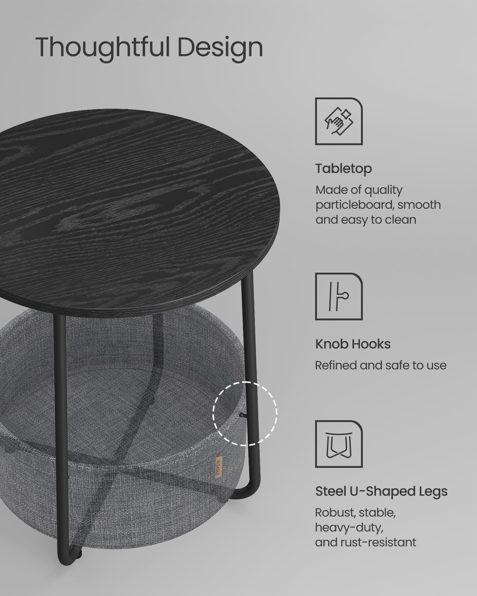Round End Side Table with Fabric Storage Basket Bedside Table Nightstand for Living Room Bedroom Ebony Black and Slate Gray