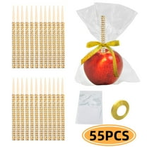 Candy Apple Sticks and Bags 24P Stick for Apple Rhinestone Bamboo Skewers, with 30P Bags, 1P 25 Yard Glitter Ribbon for Caramel Apple Lollipop Crispy Treat