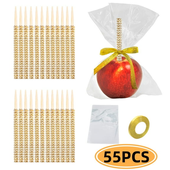 Candy Apple Sticks and Bags 24P Stick for Apple Rhinestone Bamboo Skewers, with 30P Bags, 1P 25 Yard Glitter Ribbon for Caramel Apple Lollipop Crispy Treat