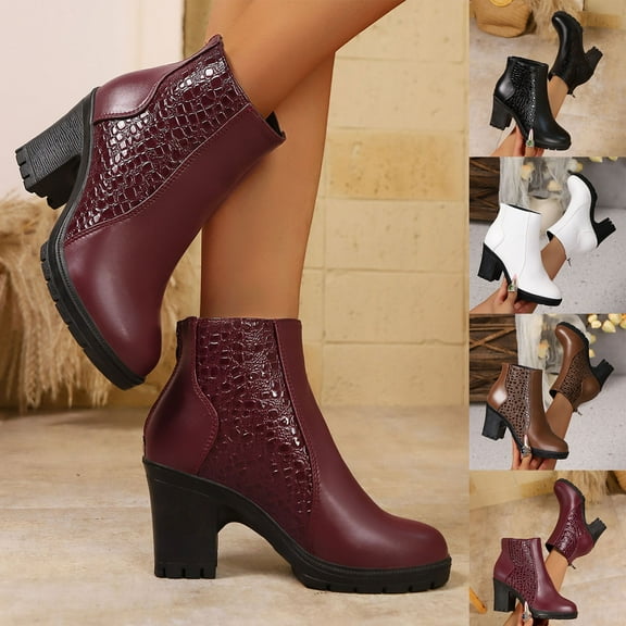 Woman Ankle Boots Chunky Heel Round Toe Zipper Solid Color Thick Heel Short Boots Womens Warm Casual Versatile Shoes Black 6