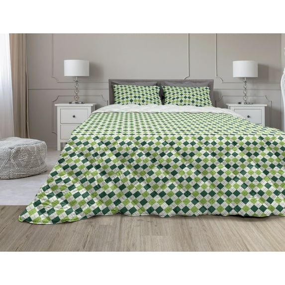 Geometric Comforter & Sham Bedding Set, Classical Diamond Line Pattern with Dotted Lines Vintage Design, 3 pcs Duvet Set Microfiber Filling Quilt, 5 Sizes, Lime Green Dark Green, by Ambesonne