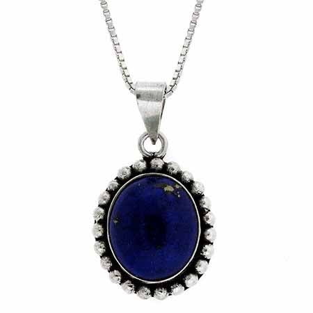 - Serling Silver Genuine Lapis Stone Bali Bead Oval Pendant