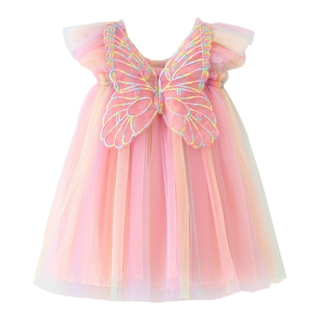 MIASHUI Robe en Tulle Sans Manches pour Bébés Filles, Robe Tutu Florale avec Papillons, Robe de Princesse pour Fête d'Anniversaire, Rose, 5-6 Ans
