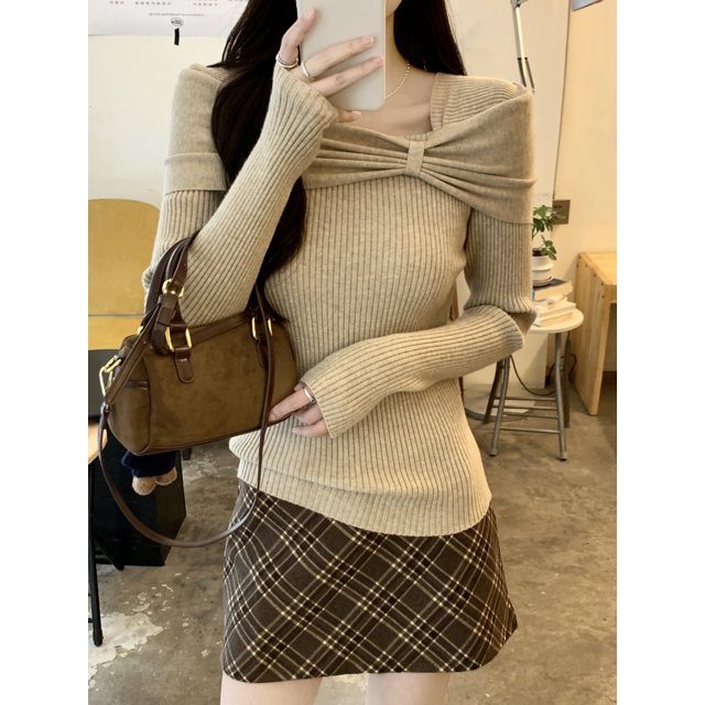 Pulls à Col Slash pour Femmes Automne Hiver 2024 Tricot à Manches Longues pour Femmes Chandail Doux Femme