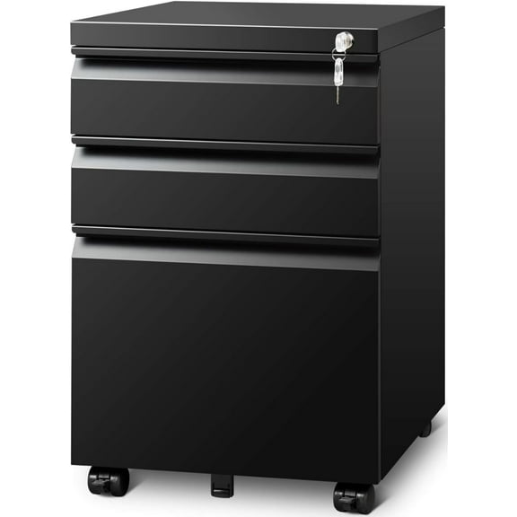 Guizeeopo Filing Cabinets for Home Office, Mobile File Cabinet with Lock, 3 Drawer Filing Cabinet for A4/Letter/Legal Size Folder, Fully Assembled Except Casters, Matte Black