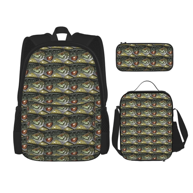 Easygdp Largemouth Bass Fish Mochila para Niños y Niñas con Set de Caja de Almuerzo y Estuche para Lápices 3 en 1, Mochila Escolar Estampada para Adolescentes