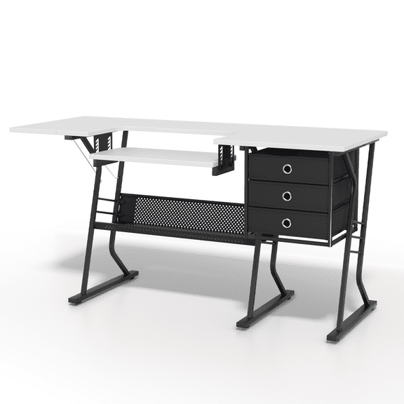 OSM 60" Heavy-Duty Sewing Table with Adjustable Shelf, Storage Drawer & Enlarged Cutting Space, Adjustable Height Folding Design, 180-Lb Capacity, Multi-Use Craft Desk, Black/White
