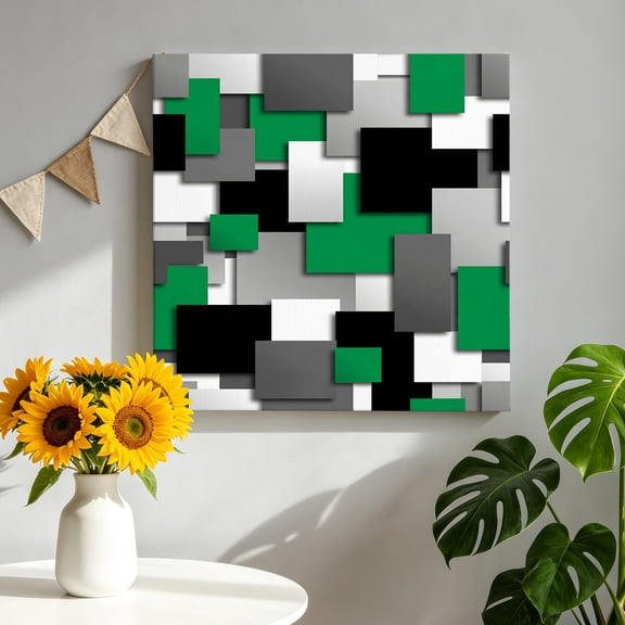 Green Geometric Canvas Wall Art, Modern Abstract Black Gray Checkered Framed Canvas Wall Decor Picture Print Artwork Decorations for Living Room Office Ready to Hang 10" x 10"