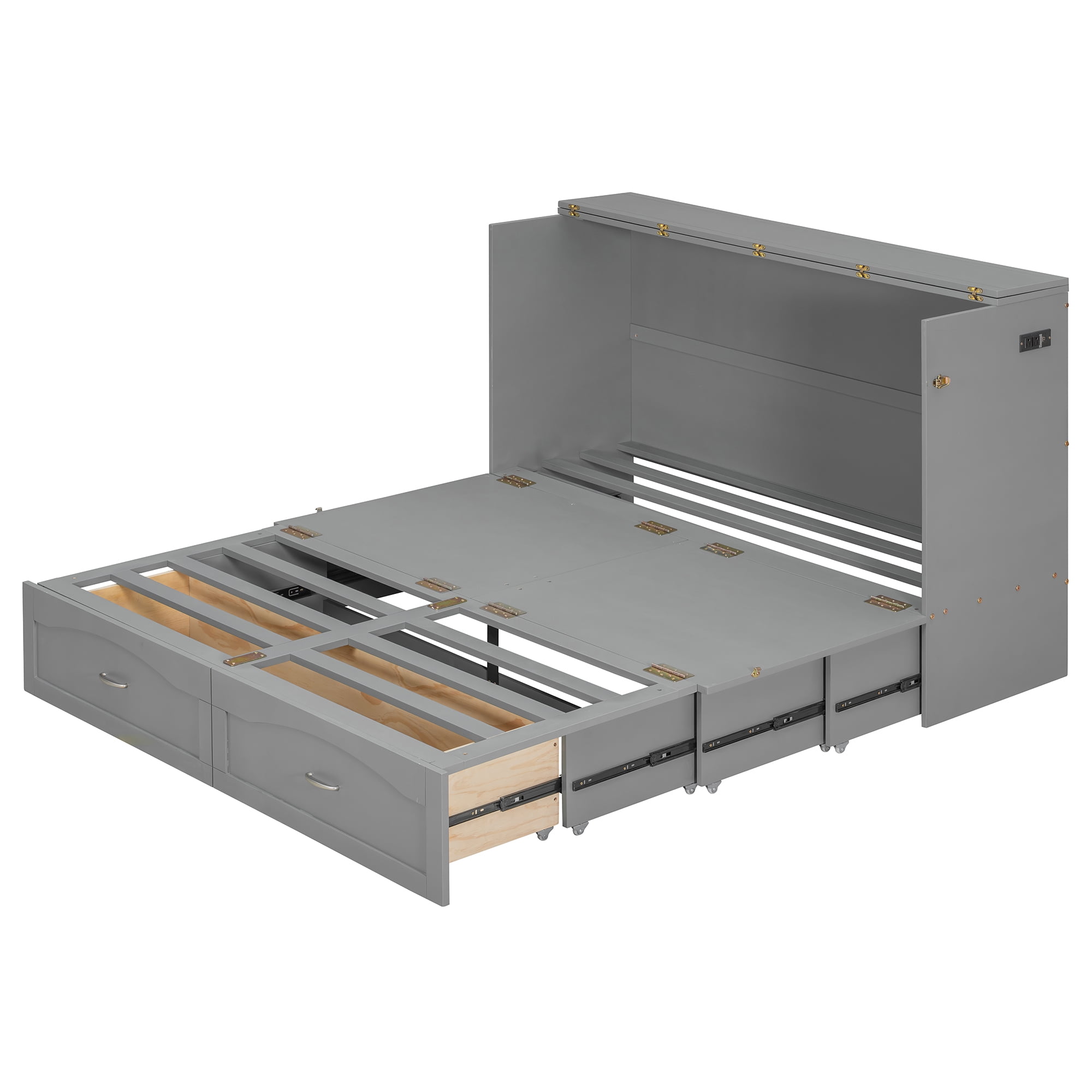 Mintazer Queen Size Murphy Bed with Drawers & Charge Station, Foldable Cabinet Wall Bed for Guest Room Home Office Small Apartment, Gray