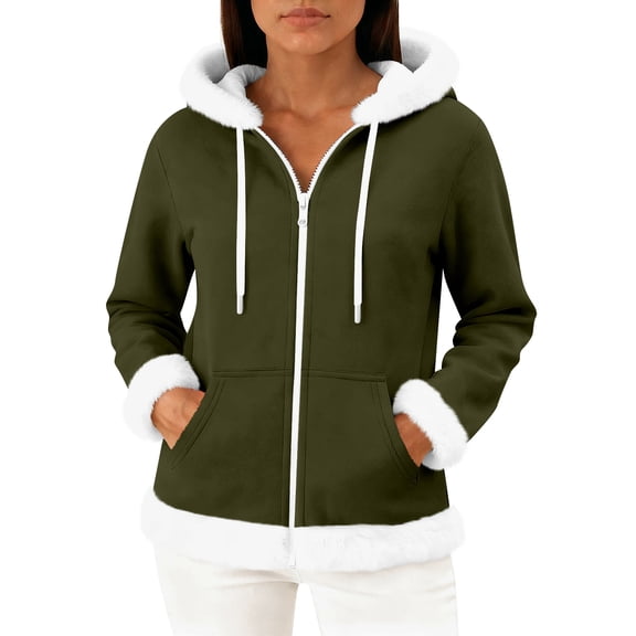 Wutalume Women's Casual Fashion Long Sleeved Zip Up Fleece Hooded Cardigan, Soft and Warm Outerwear for Relaxed Style and Winter Layering,Army Green L