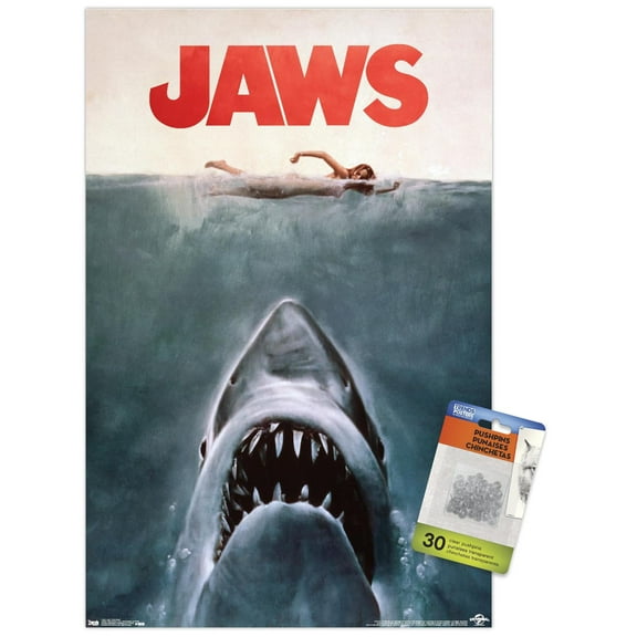 Jaws - One Sheet Wall Poster with Push Pins, 14.725" x 22.375"