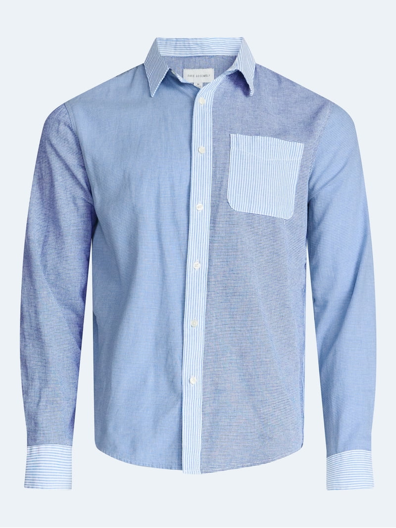 Free Assembly Men's Linen Blend Mixed Pattern Button Front Shirt, Sizes Xs-3xl, Size: Medium, Multicolor