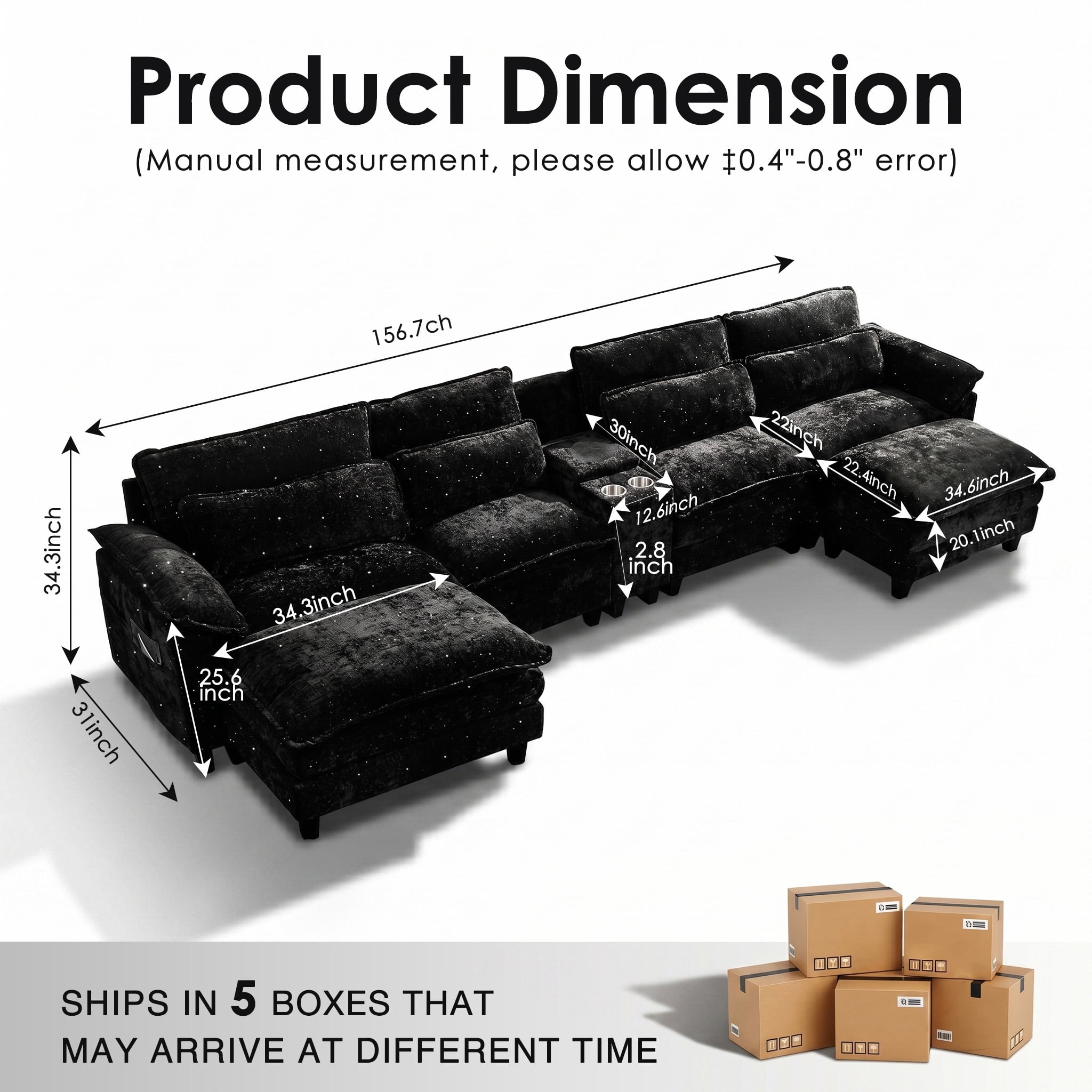 AISWORD 157" U Shaped Cloud Sectional, Oversized Modular Sofa with USB Charging, Hidden Storage, Cup Holders and Double Chaise, Living Room Furniture, Black