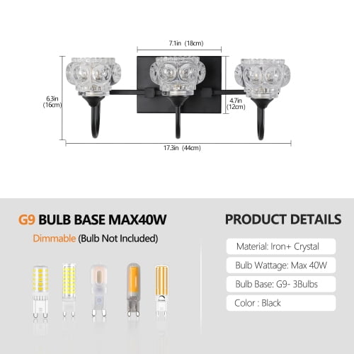 ACE-LIGHTS,Retro 3-Light Bathroom Vanity Light Fixture with Crystal Glass Shades(Bulbs Not Included),Wall Mounted Lighting for Bathroom,Dressing Room,Powder Room and Vanity Mirror(Black）