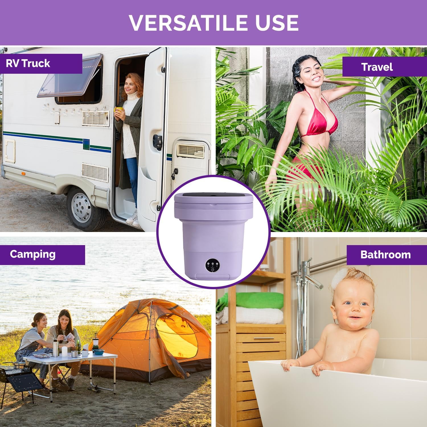 Portable Washing Machine, 11L Mini Washer for Apartments, RV & Travel | Folding Clothes Washer with Spin Basket & 3 Modes | Compact Washing Machine for Underwear, Baby Laundry & Small Loads (Purple)
