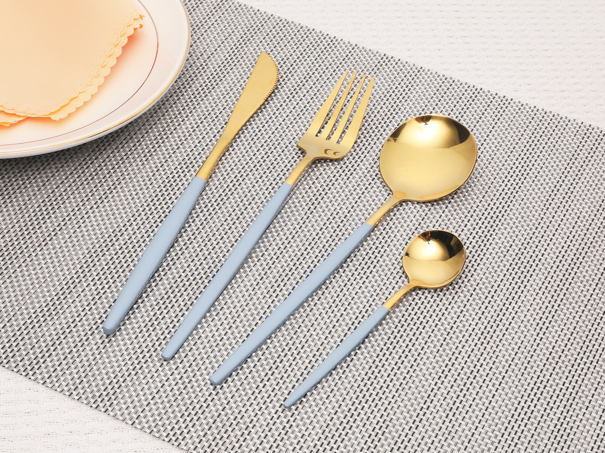 Unique Bargains Stainless Steel Flatware Set Blue 4 Pcs